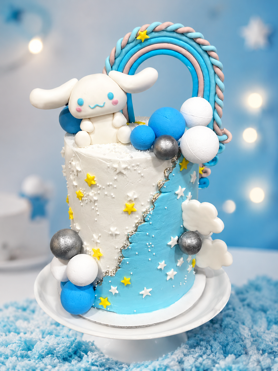 Pastel azul con arcoíris